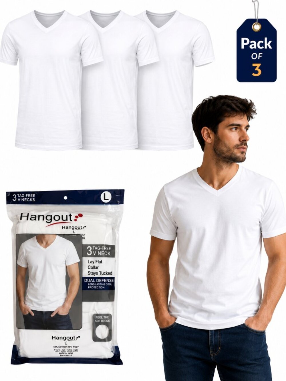 Hangout Men's V-Neck T-Shirts 3-Pack White Plain Short Sleeve Basic Tees S-XL